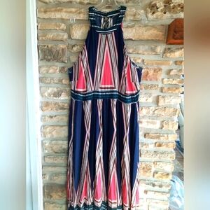 Bloomchic Maxi Dress Blue Halter Neck Geometric Double side split Size 18-20